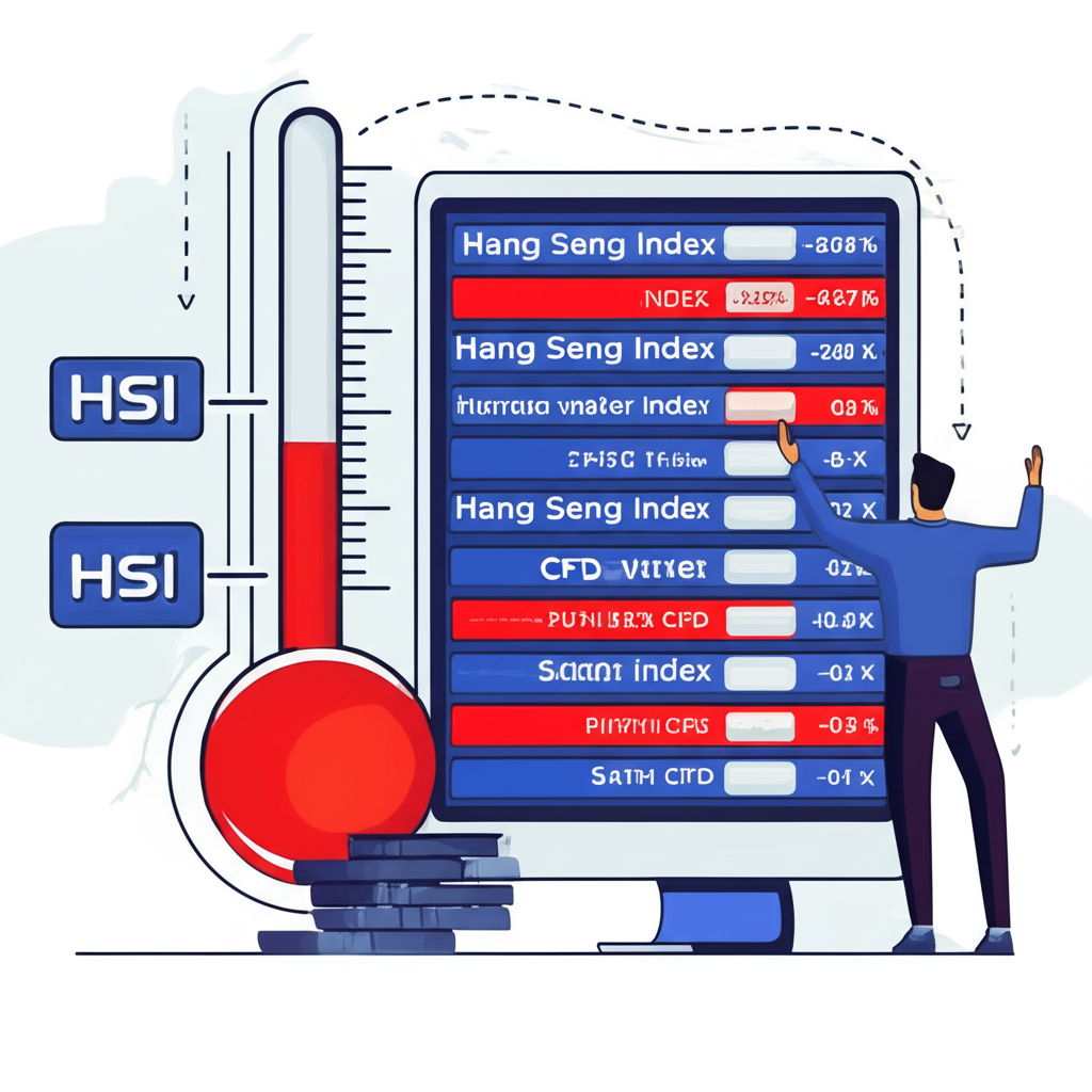 恒生指數HSI作為市場溫度計與HS50作為可交易工具的區別圖示，投資者透過螢幕參與槓桿交易機會