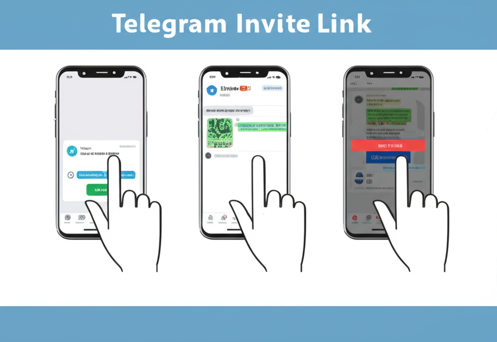 Illustration showing a sequence of mobile phone screens with hands tapping to click an invite link opening the Telegram app previewing group info and finally tapping a join group button for seamless mobile access