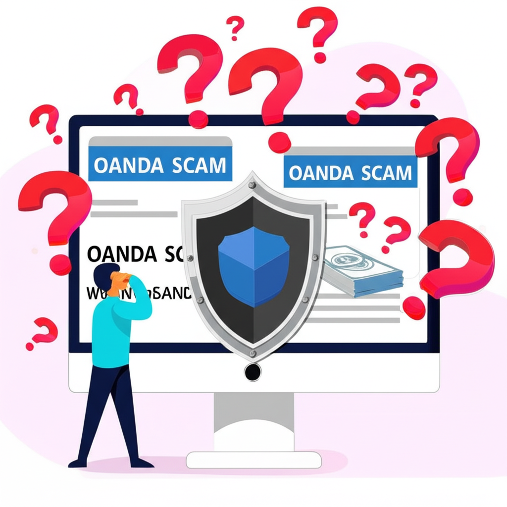 Illustration of a person confused at computer with OANDA scam headlines, question marks, and a shield protecting funds