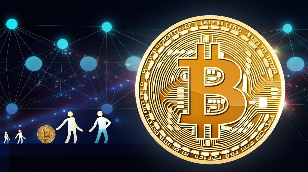 比特幣從小眾數位貨幣演化為全球金融資產的插圖,展示區塊鏈技術與投資者吸引力