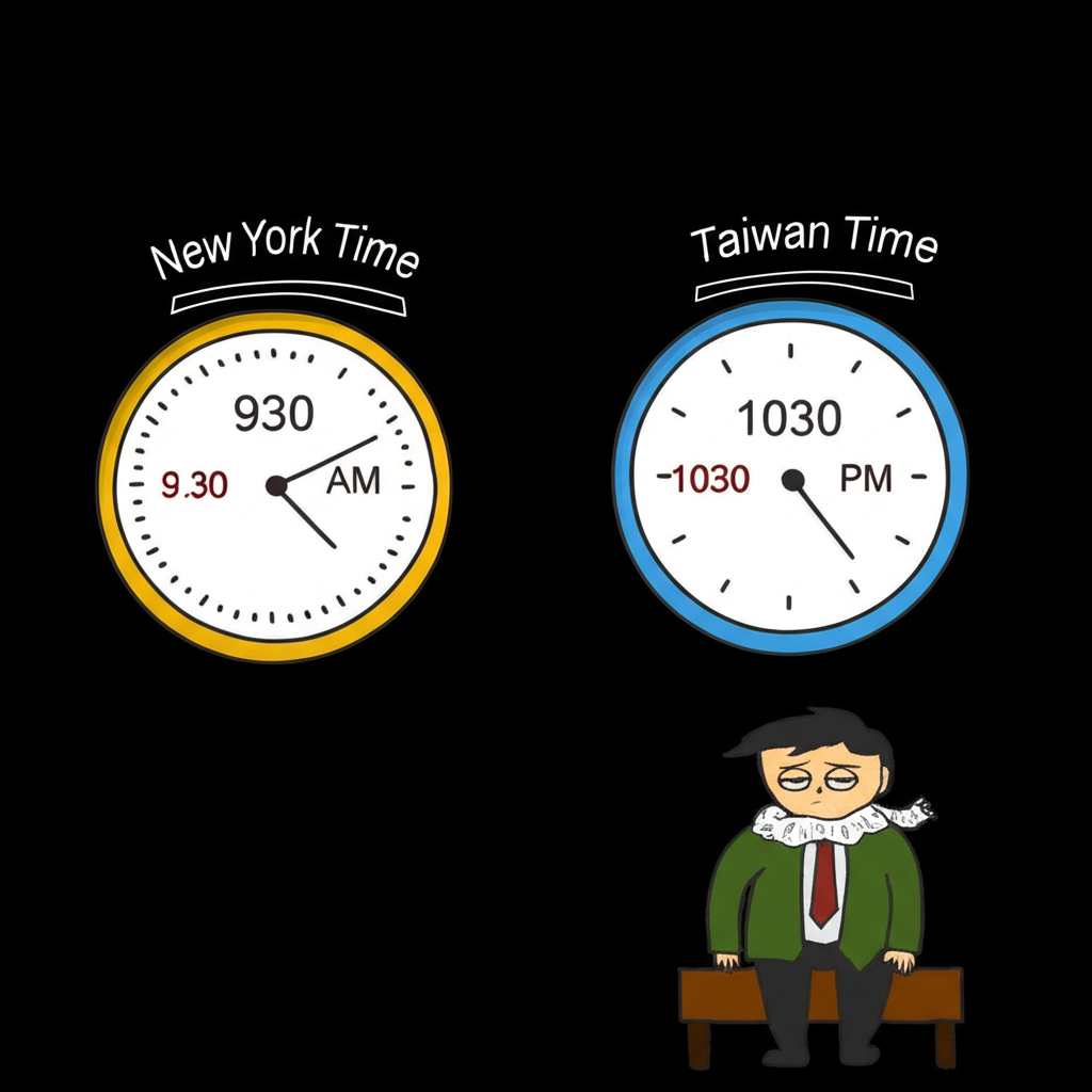 兩個時鐘，一個顯示紐約上午9:30，另一個顯示台灣晚上10:30，台灣投資人冬令時間熬夜看盤