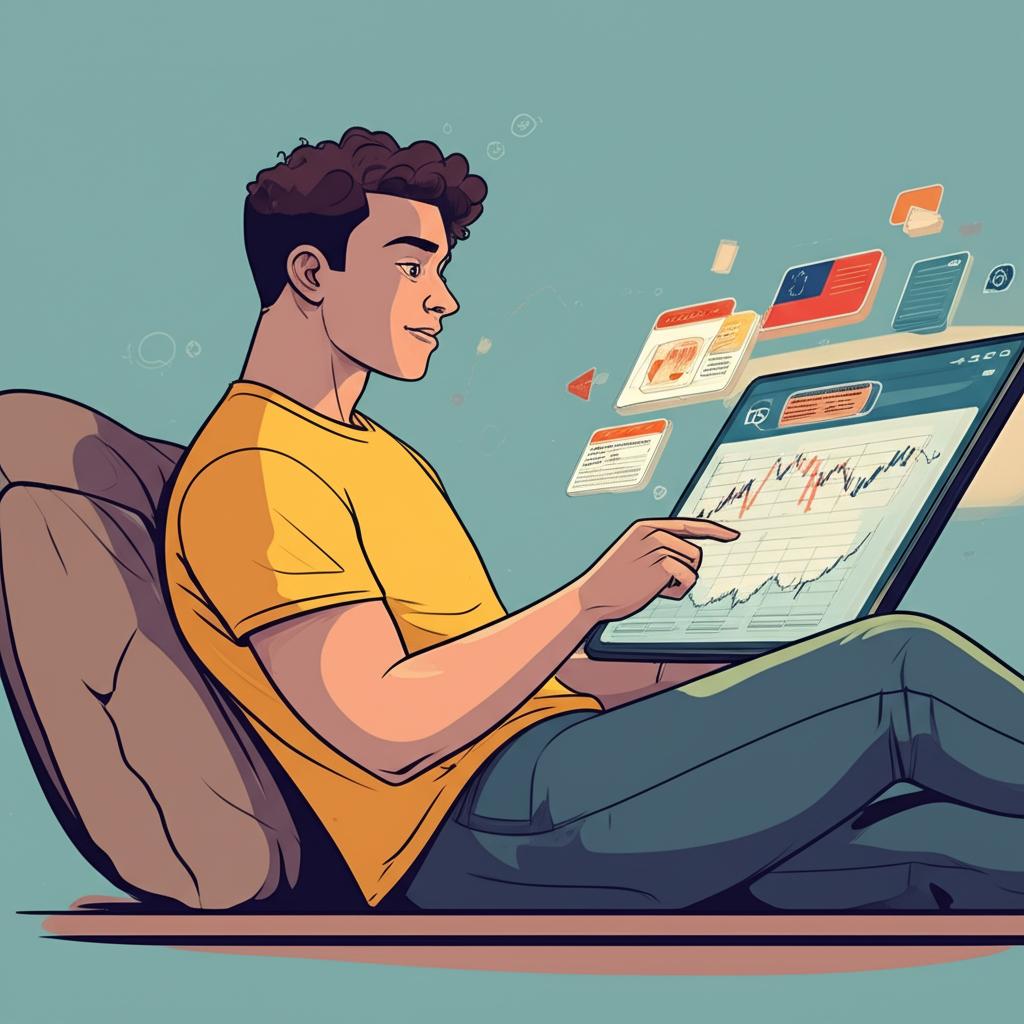 An illustration of a person confidently trading on a tablet during a calm weekend with global stock market graphs floating around them representing IG Markets weekend trading products for major indices like Wall Street and Hang Seng showing flexibility