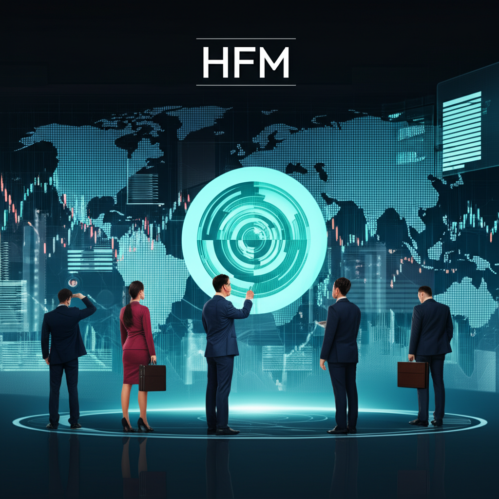 全球金融市場插圖，顯示投資者和突出的 HFM 標誌，象徵領先可靠的交易夥伴