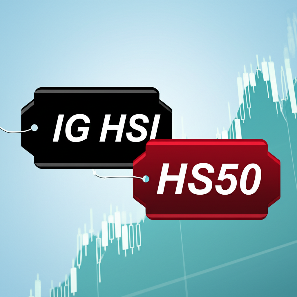IG HSI 與 HS50 標籤融合成單一清晰金融圖表，象徵 IG Markets 所提供的恆生指數差價合約為同一產品