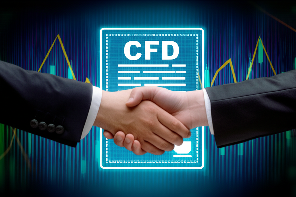 CFD合約握手與價格圖表插圖,象徵無需擁有資產的投機交易
