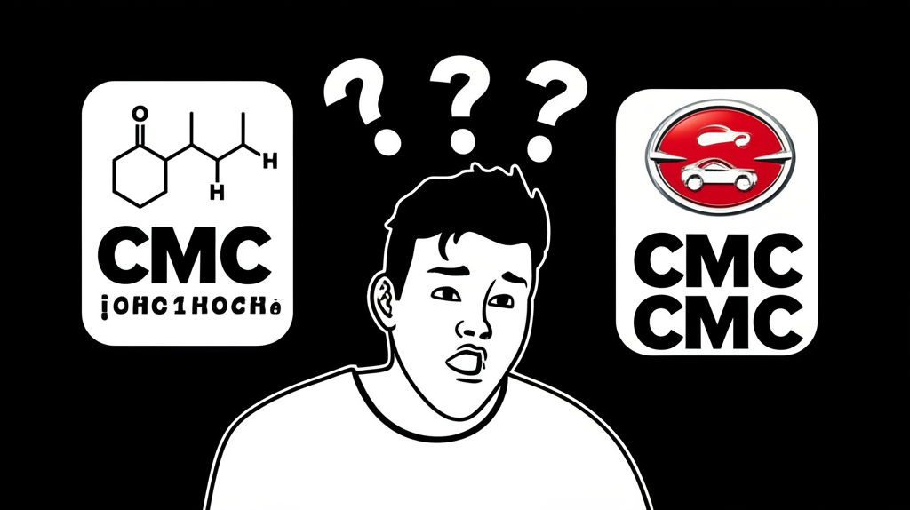 插圖：一個人困惑地看著兩個標有CMC的符號，一個代表化學物質，另一個代表汽車品牌，周圍有問號