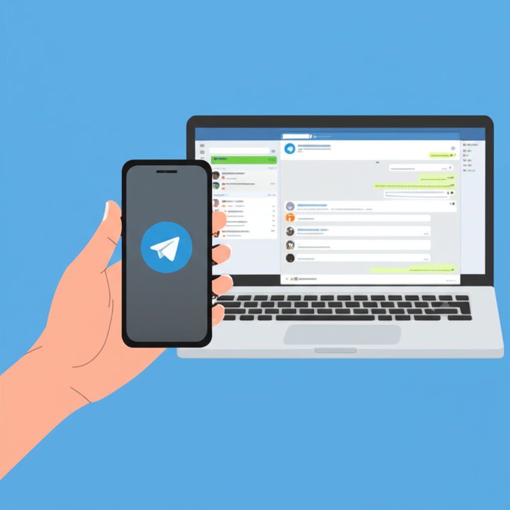 手持智慧型手機，螢幕顯示 Telegram 應用圖示，旁邊筆電顯示桌面介面，展現跨平台使用情境