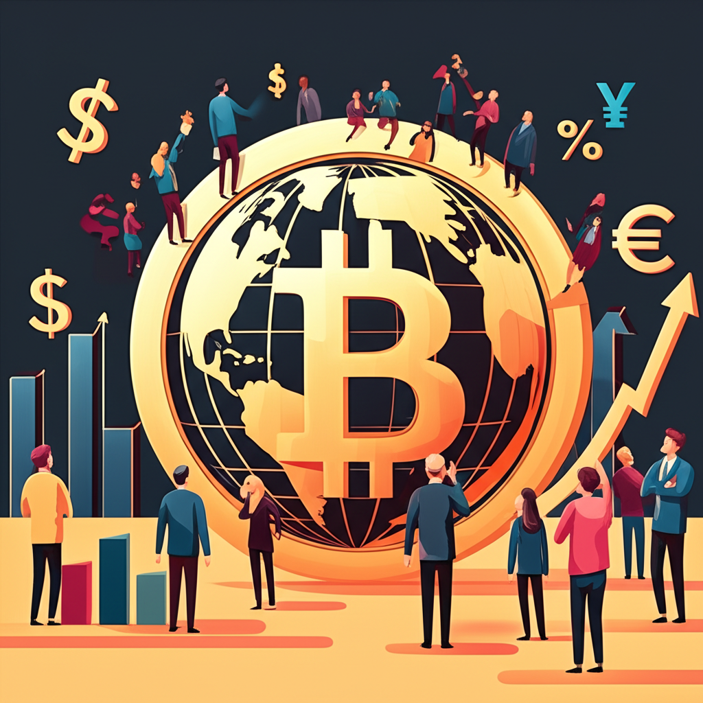 比特幣作為數位黃金吸引全球投資者關注的插圖，金色比特幣環繞著多元背景的投資人與金融符號