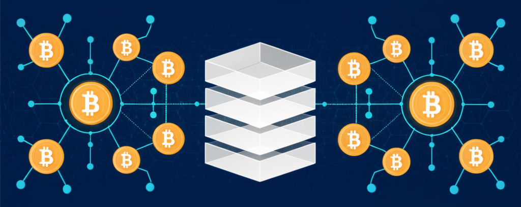 An illustration of a decentralized peer to peer network with bitcoin transactions on a transparent blockchain ledger and a limited supply of 21 million coins