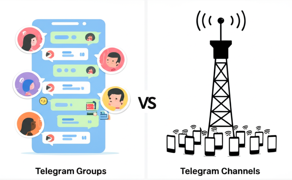 Telegram群組與頻道差異插圖,對比多使用者互動聊天室與單向廣播塔,強調不同互動模式