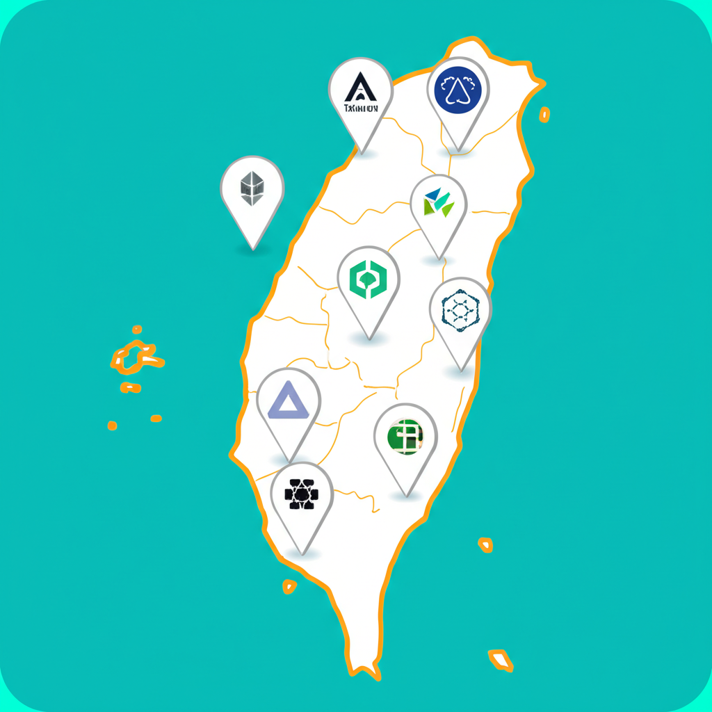 台灣地圖上標示多家合規加密貨幣交易所的標誌，顯示本地化的新台幣兌換服務