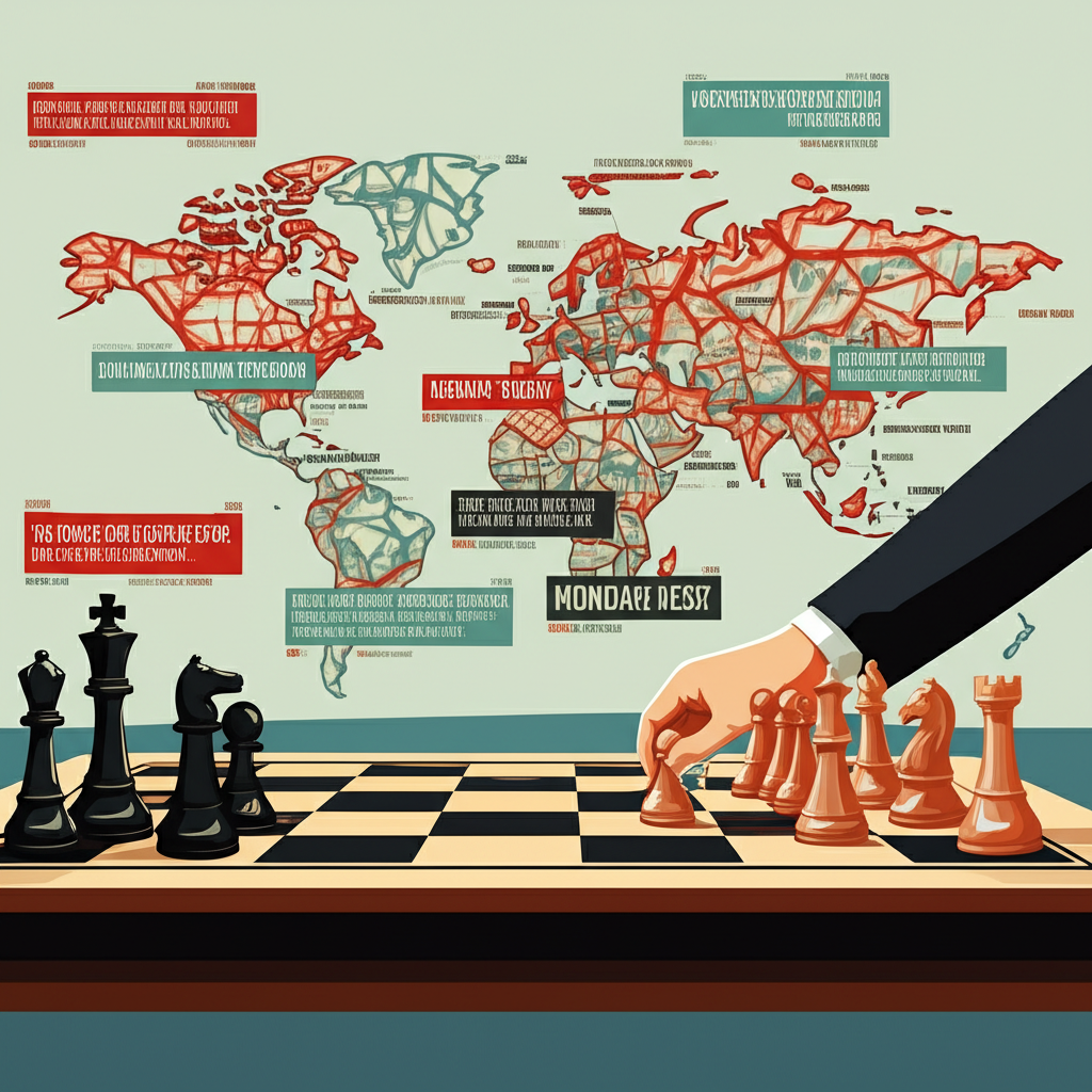 世界地圖上週末全球新聞頭條,投資人像下棋般策略放置棋子,預測週一市場跳空的插圖