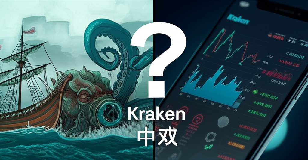 兩個世界交融的插圖,一邊是北歐深海中浮現的巨型海怪克拉肯,周圍有古老船隻,另一邊是現代數位介面顯示加密貨幣交易所的圖表與資料,中央有問號象徵Kraken中文的謎團