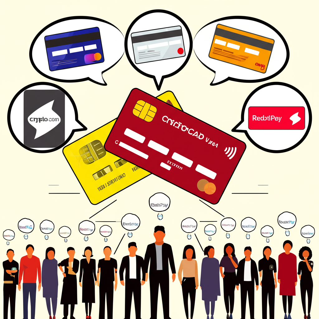 台灣人面對Crypto.com Visa和RedotPay等加密貨幣信用卡的十字路口,頭上有思考泡泡的插圖,代表選擇指南