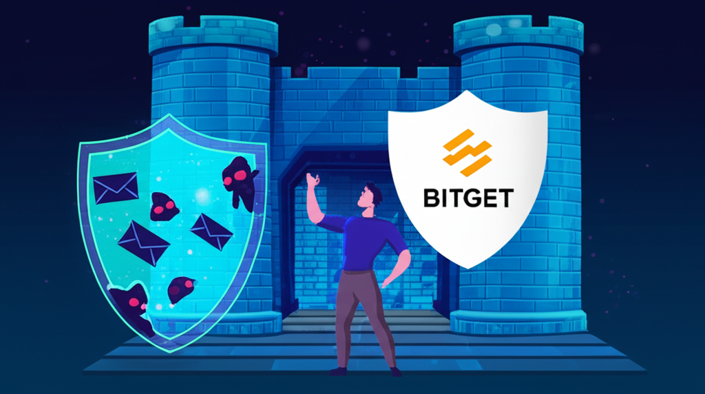 Bitget 交易所安全堡壘插圖,駁斥詐騙謠言並展示防護盾牌