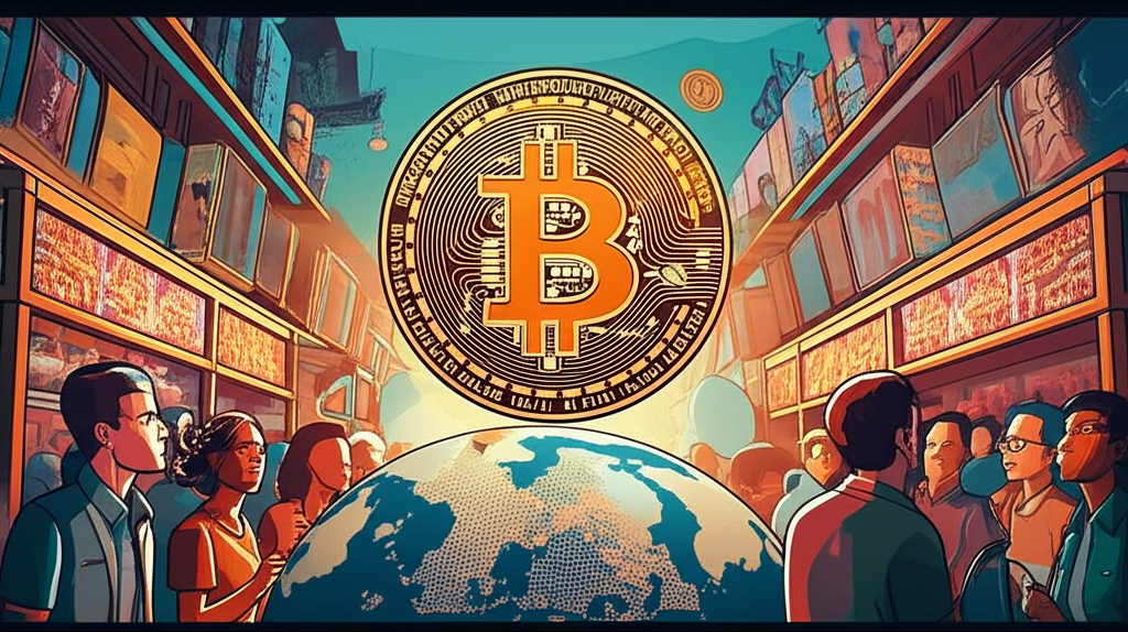 An illustration of a glowing bitcoin coin symbolizing digital gold and financial potential floating above a global market with diverse people looking at it