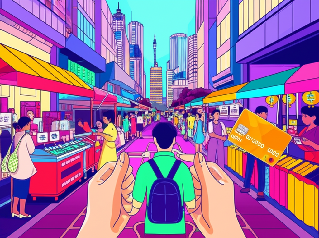 台灣城市中人們使用加密貨幣信用卡購物用餐的活力插圖,象徵數位資產轉換成本地貨幣的無縫整合
