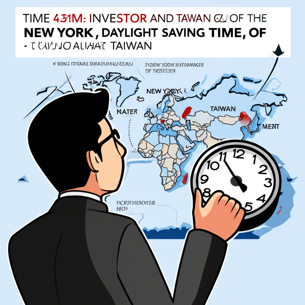 世界地圖標示紐約與台灣時區，時鐘顯示日光節約時間調整，聚焦台灣投資人關注時間變化