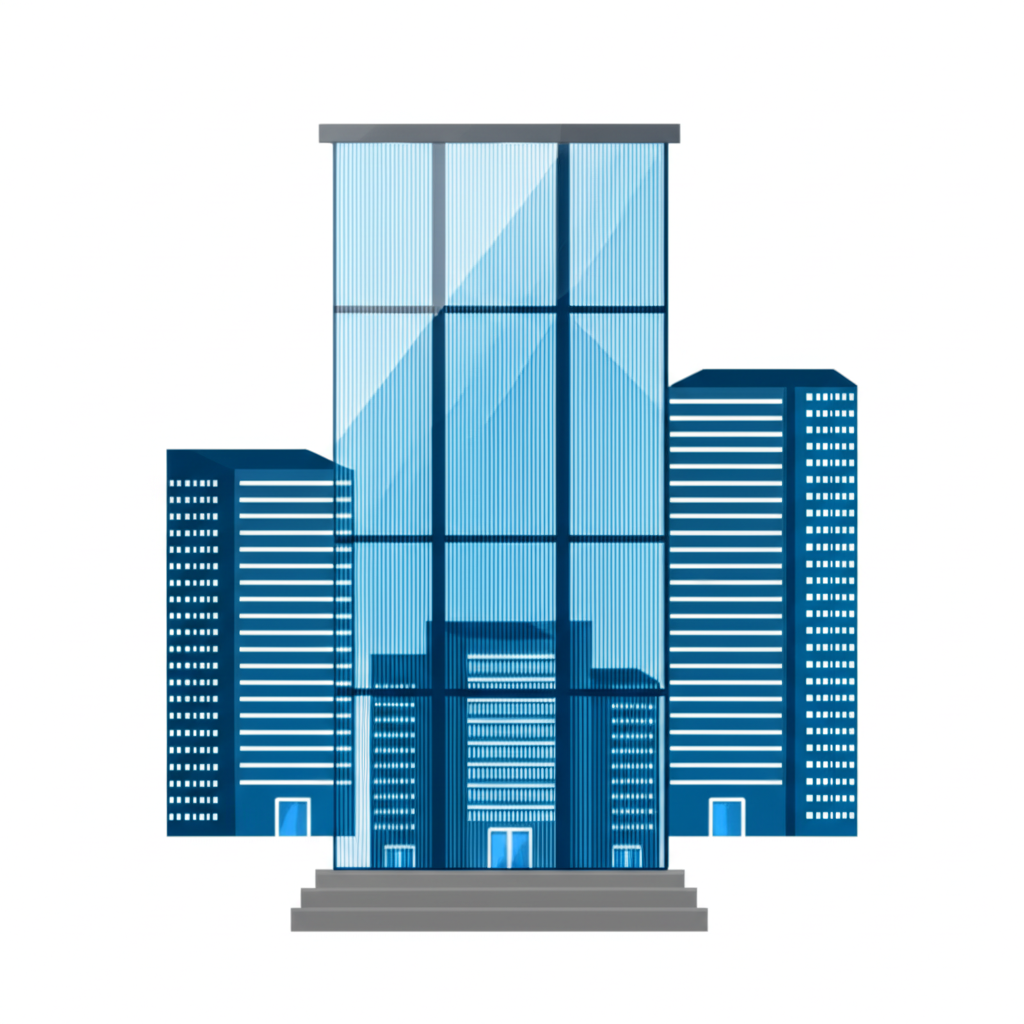 圖示：一家穩健的大型企業建築於高市值與高流動性的基礎上，透明玻璃結構象徵資訊公開，周圍環繞眾多小型公司