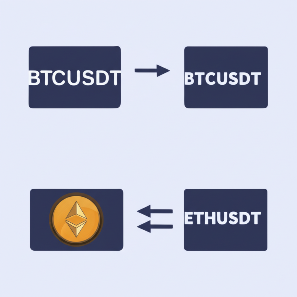 數位交易所介面顯示 BTC/USDT 和 ETH/USDT 交易對，箭頭表示加密貨幣間快速流動轉換