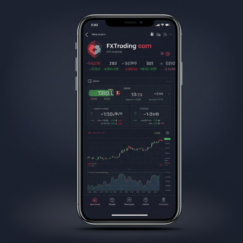 FXTrading.com APP 行動交易應用程式介面插圖，顯示即時報價、圖表分析、訂單執行、帳戶管理和出入金操作
