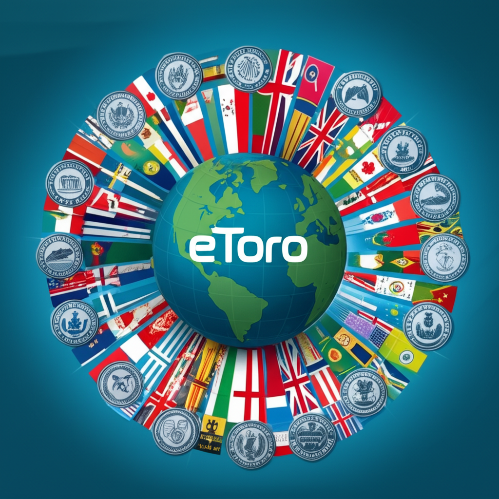 eToro 全球監管體系圖示，地球環繞各國旗幟與官方印章，中央 eToro 標誌代表國際合規