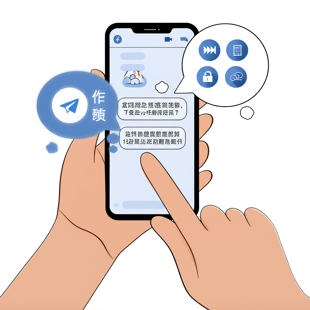 用戶在智慧型手機上使用 Telegram 應用程式,顯示繁體中文文字,並有隱私與高效通訊的思緒泡泡