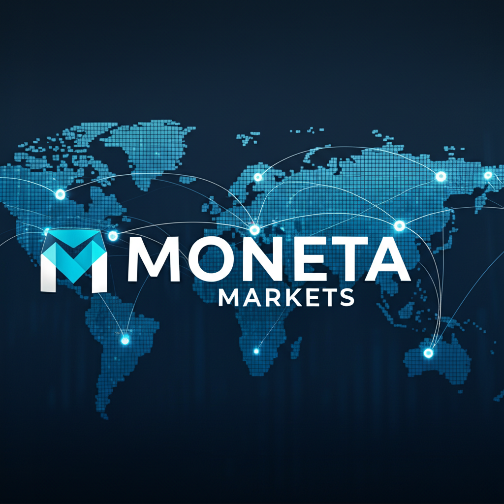 Moneta Markets logo, global finance map, illustration