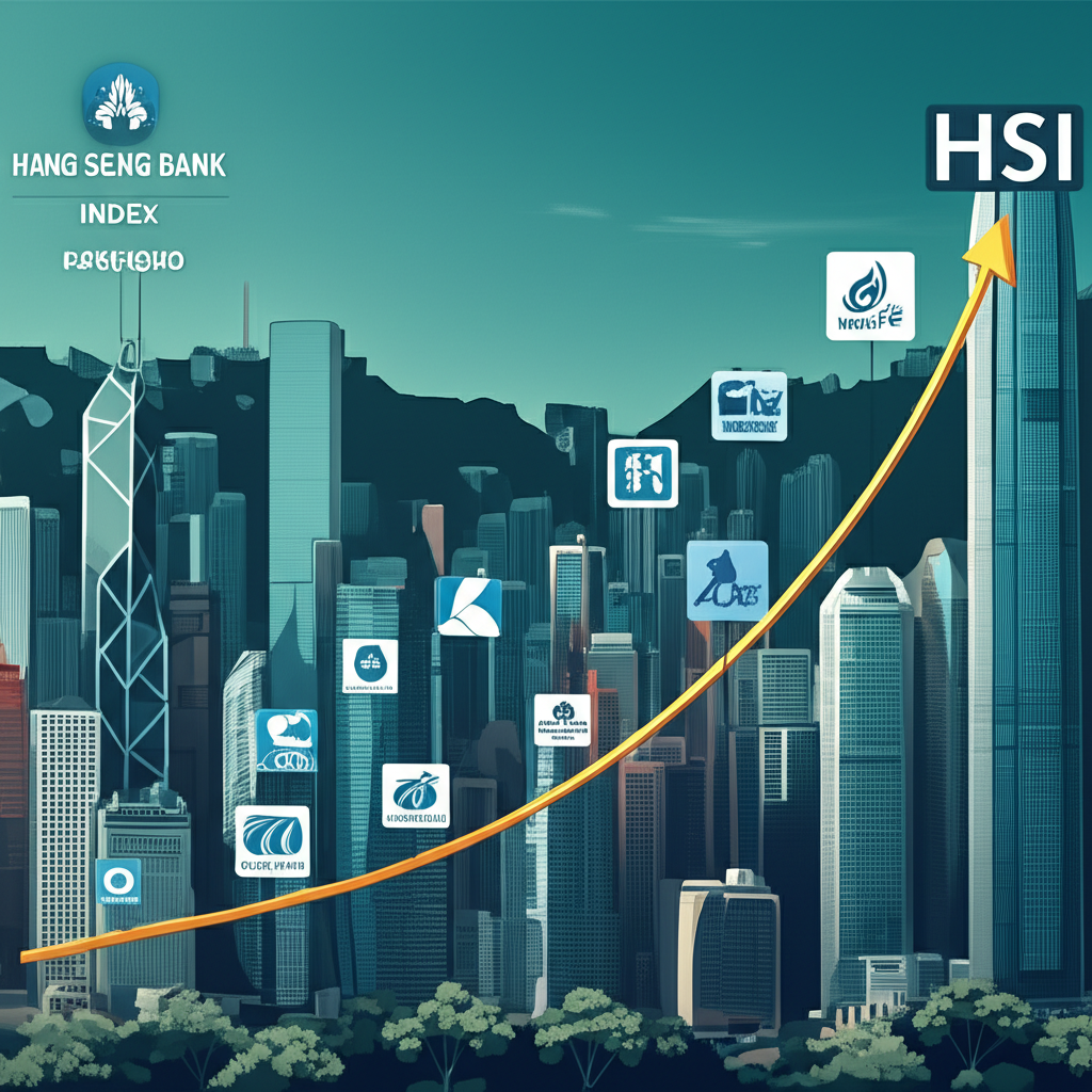 恆生指數HSI 50代表香港股市藍籌股在圖表上上升，背景為香港城市天際線插畫