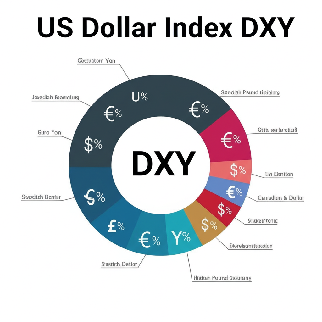 美元指數DXY標誌搭配圓餅圖，清楚顯示其構成貨幣與權重比例，包括歐元、日圓、英鎊、加元、瑞典克朗與瑞士法郎，象徵其計算方式與全球影響力