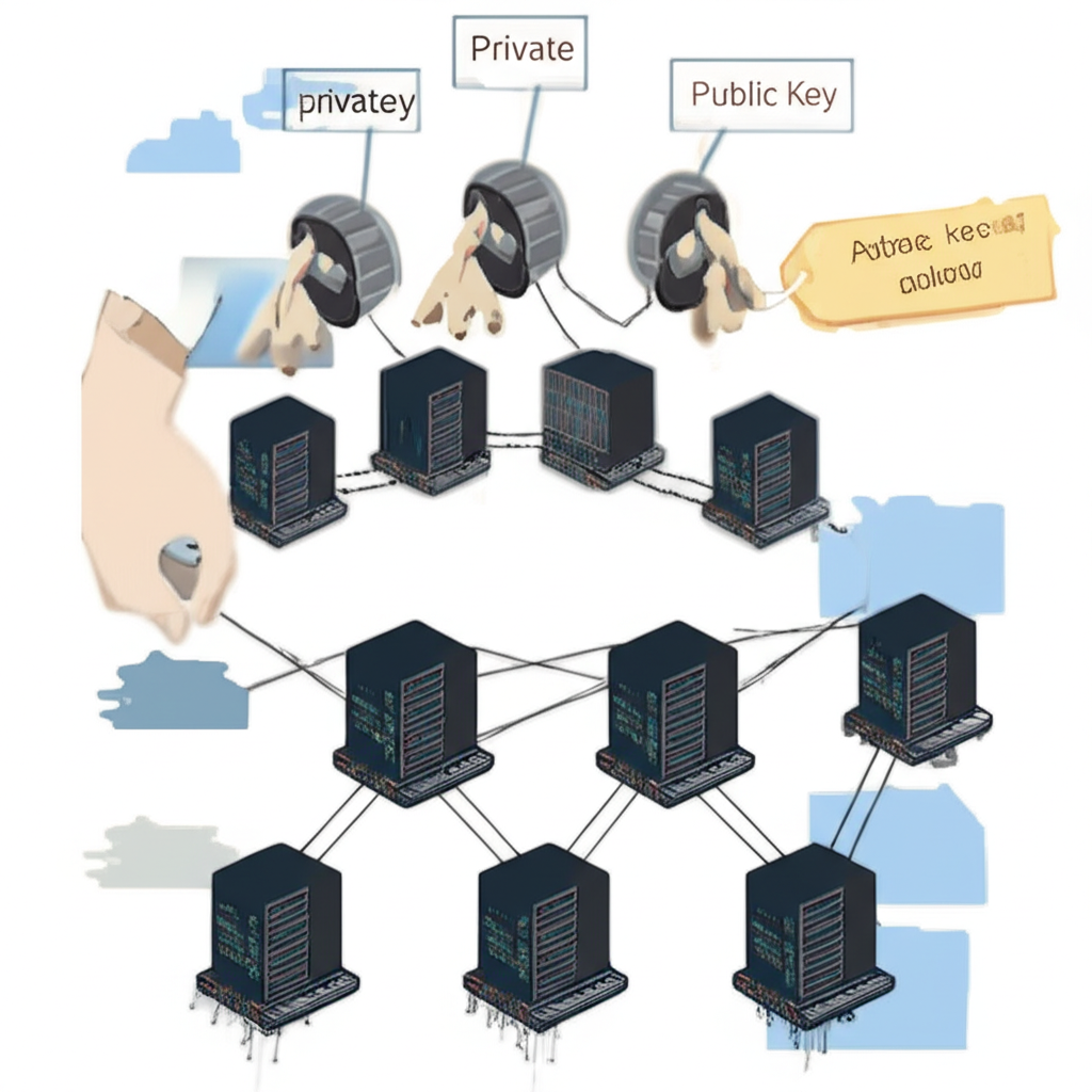 私鑰與公鑰連接圖示,加上簽署交易與礦工驗證的區塊鏈網路,說明比特幣錢包的運作原理