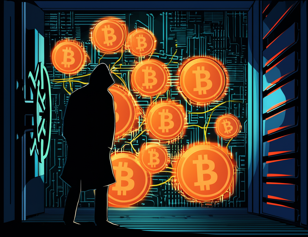 illustration of a mysterious digital vault filled with bitcoin symbols guarded by a shadowy figure representing Satoshi Nakamoto and the untouched early mined bitcoins symbolizing scarcity and decentralization