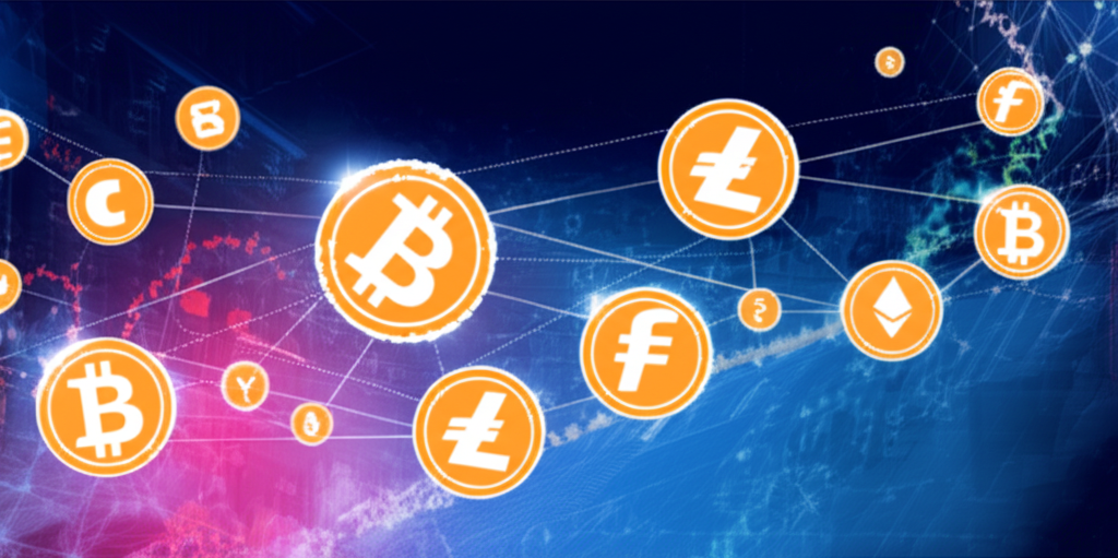 去中心化數位貨幣概念圖示：加密技術保護下的虛擬資產流動，不受中央銀行控制，象徵透明與金融革新