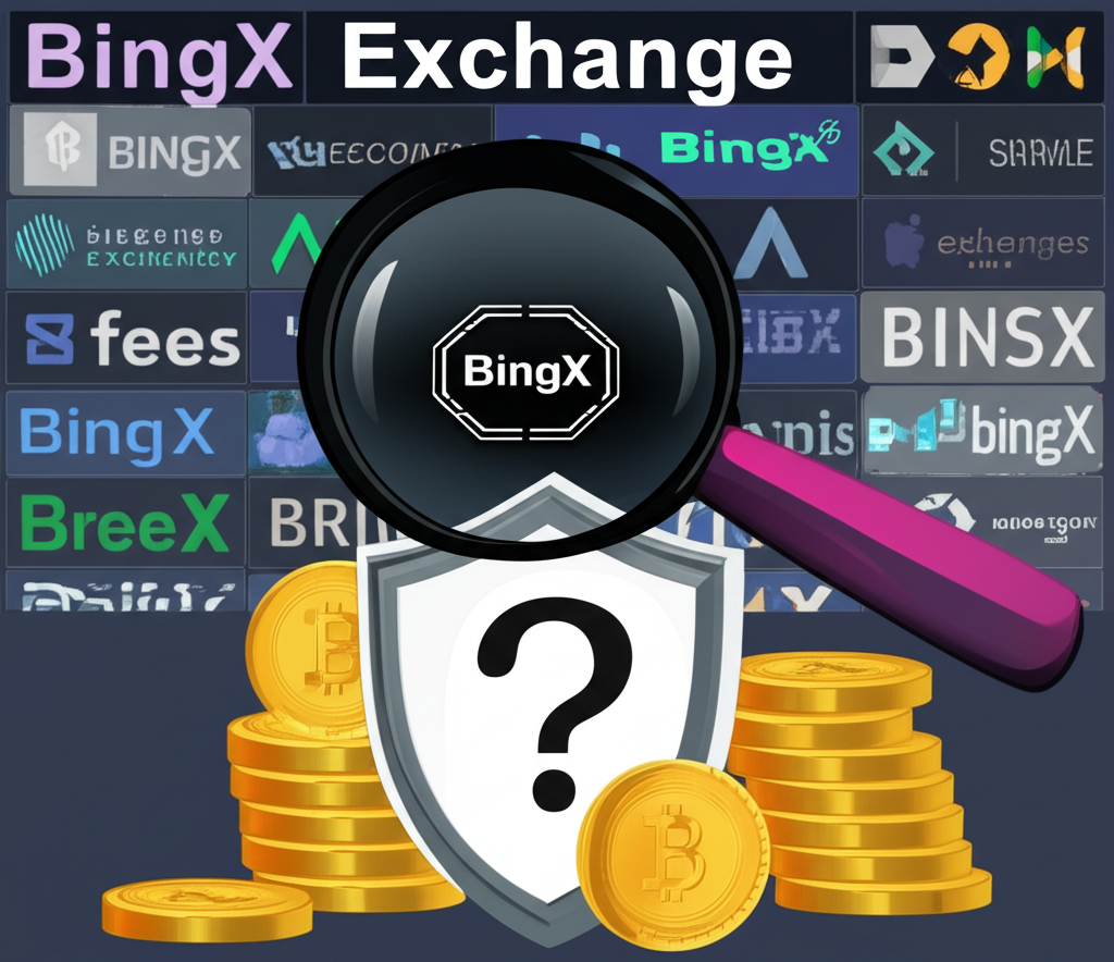 illustration of a vibrant cryptocurrency market with many exchanges a magnifying glass hovering over BingX a shield representing security coins representing fees and a question mark for fraud risk