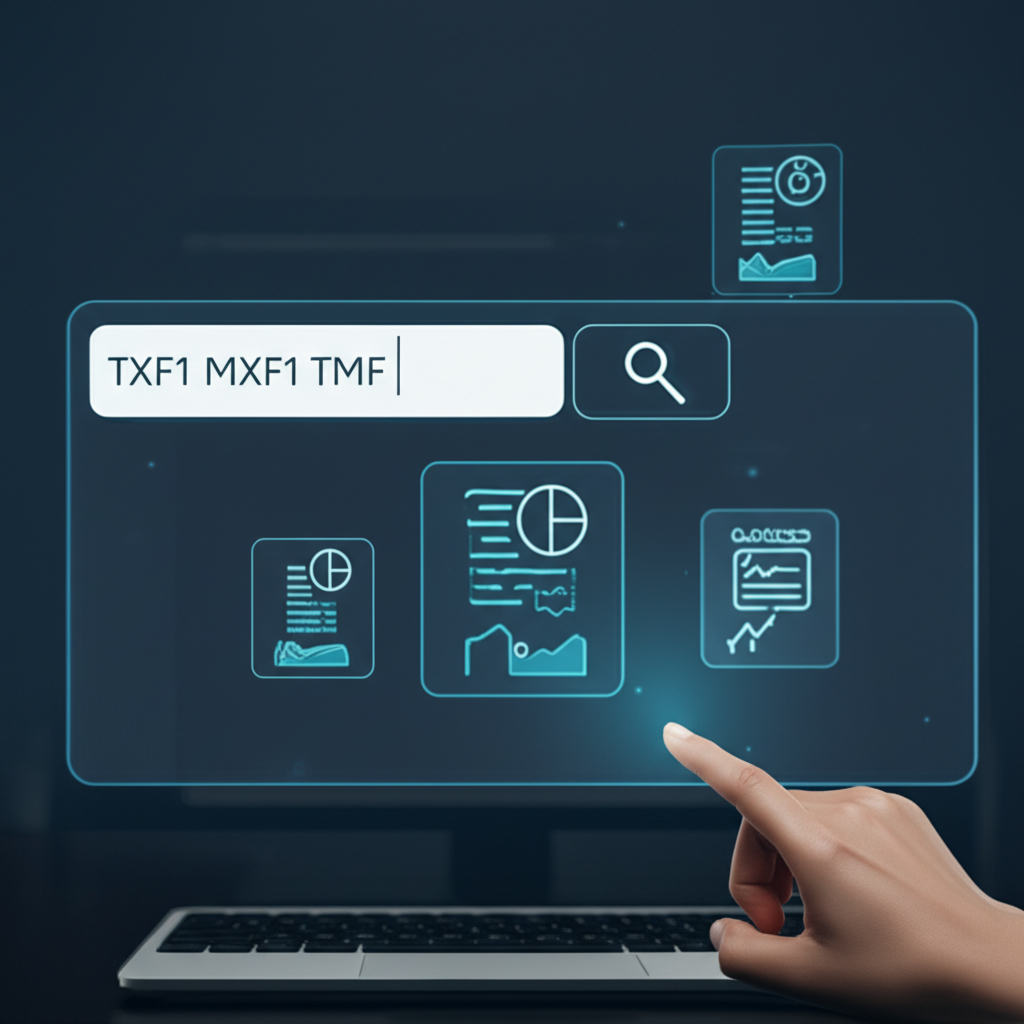 交易者在TradingView搜尋欄輸入TXF1、MXF1、TMF1等代碼，畫面周圍浮現大小不同的期貨合約圖示