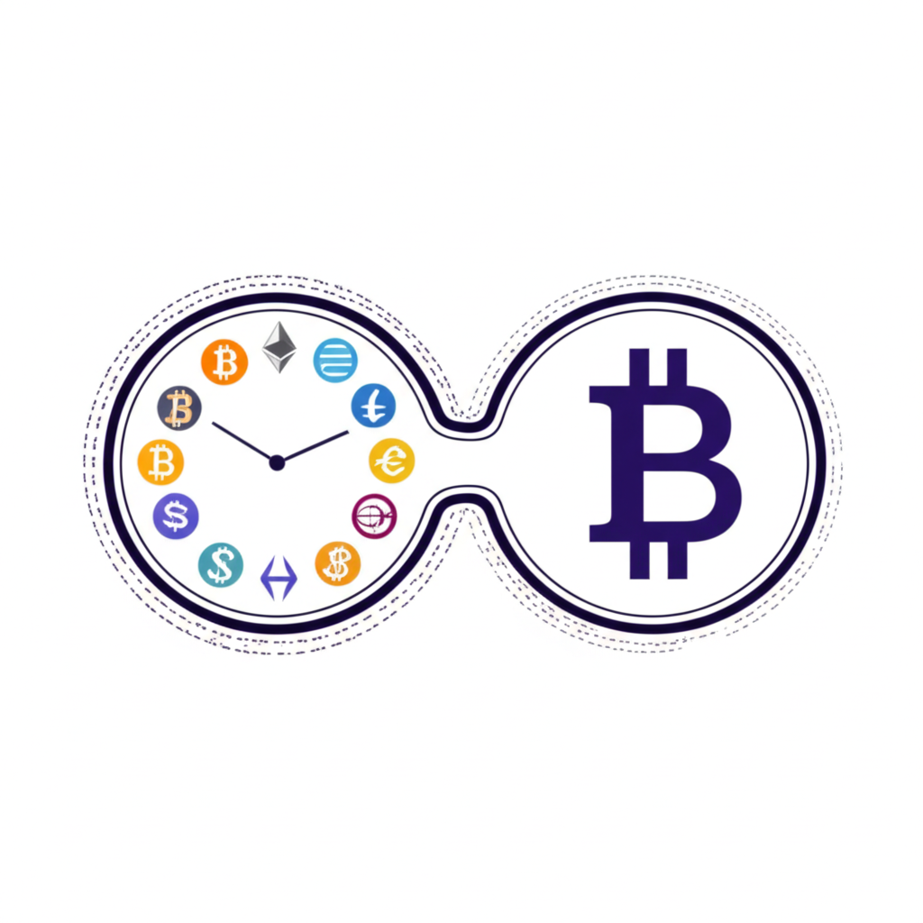 插圖以無指針時鐘或無限符號結合加密貨幣符號，象徵永續合約無到期日、可無限期持有之特性