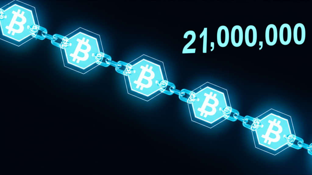 比特幣區塊鏈互聯插圖,象徵點對點交易與2100萬枚稀缺供應