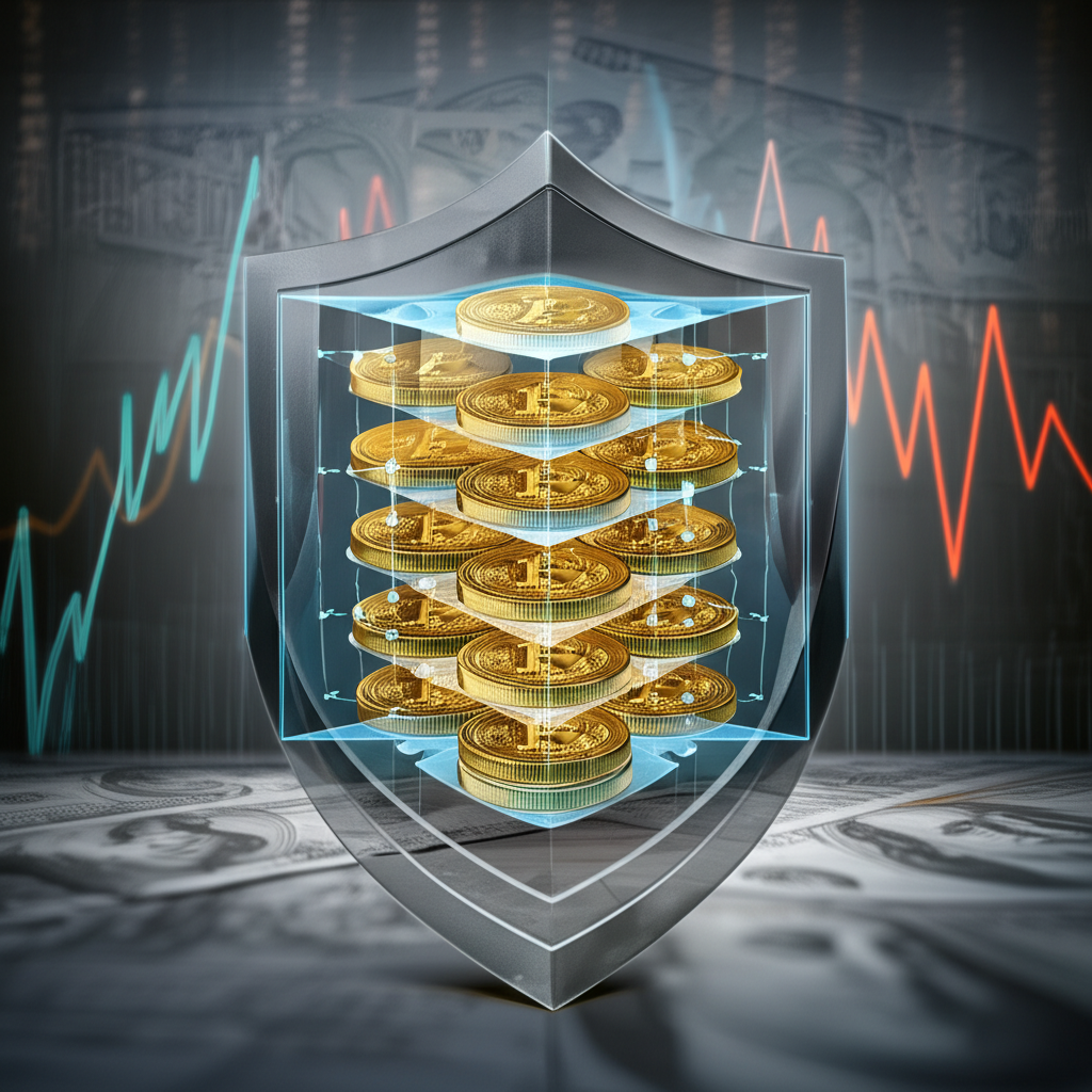 安全數位金庫內含多個金色比特幣,受透明區塊鏈層保護,盾牌代表對抗通膨的對沖,背景為波動的傳統貨幣
