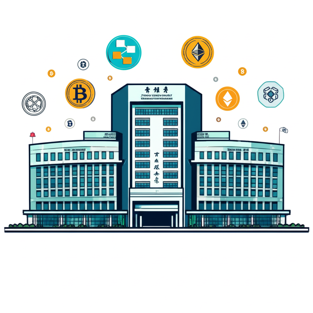 Illustration of the Taiwan Financial Supervisory Commission building with blockchain and cryptocurrency symbols around it depicting the evolving legal and regulatory framework for virtual assets in Taiwan