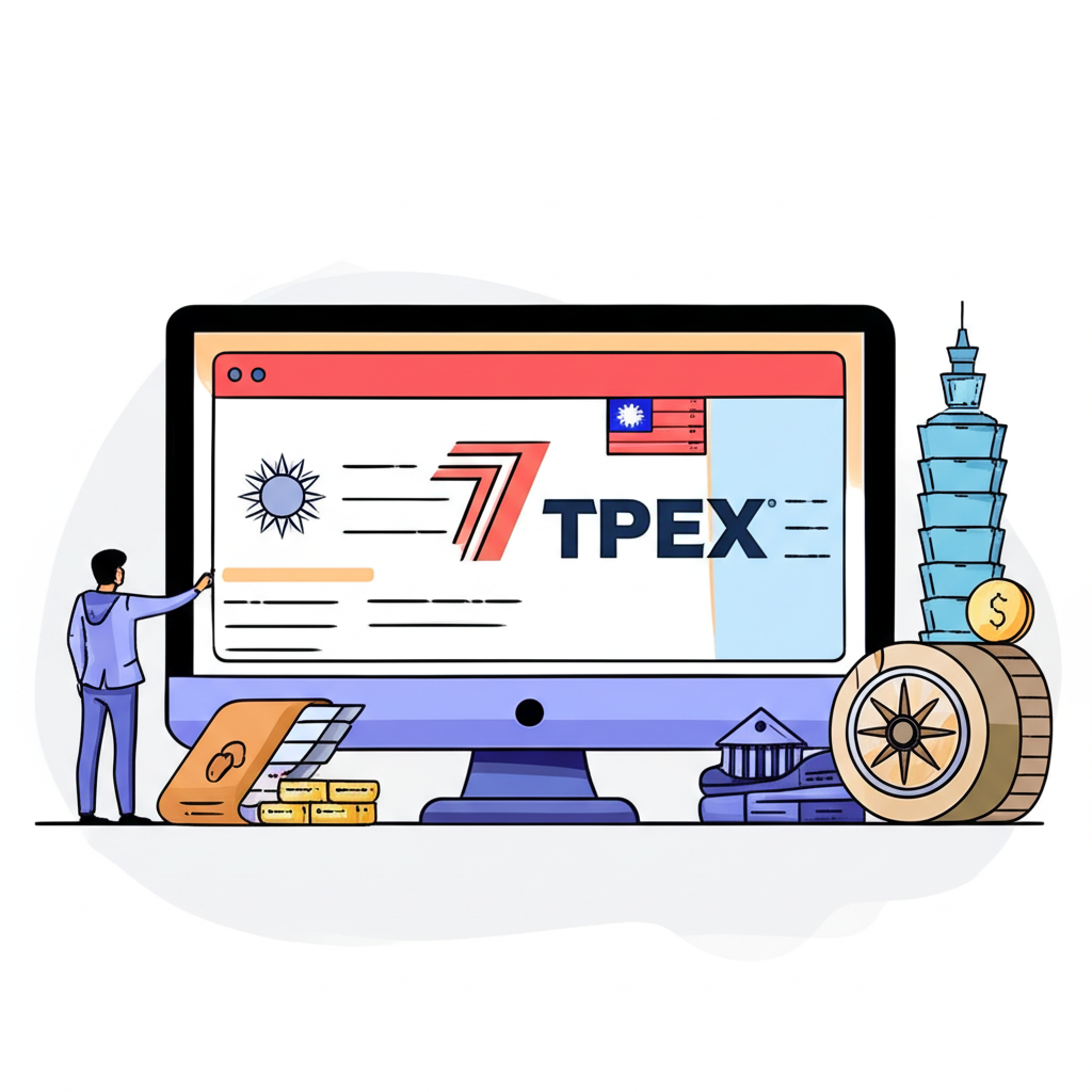 台灣投資人注視顯示TPEx標誌的螢幕和銀行存摺,黃金符號環繞,周圍有台北101和安全金庫等台灣地標的插圖