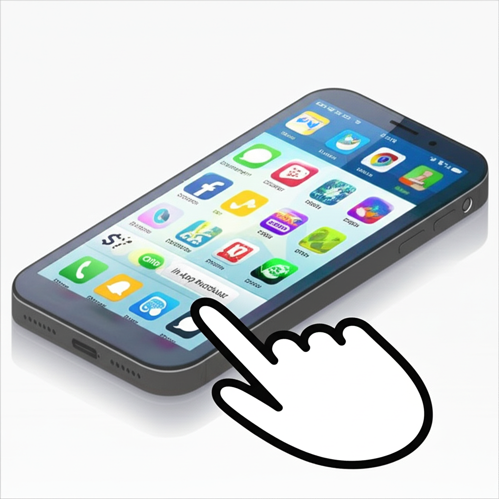 智慧型手機螢幕顯示多個應用程式圖示，畫面中央出現 App 內購買按鈕，一隻手正在點擊，呈現 App 內購買的實際情境