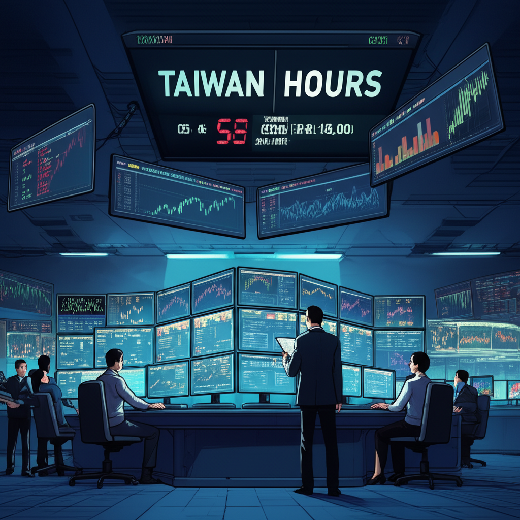 台灣期貨交易所夜盤交易情境，投資人透過多螢幕監控市場動態的插畫