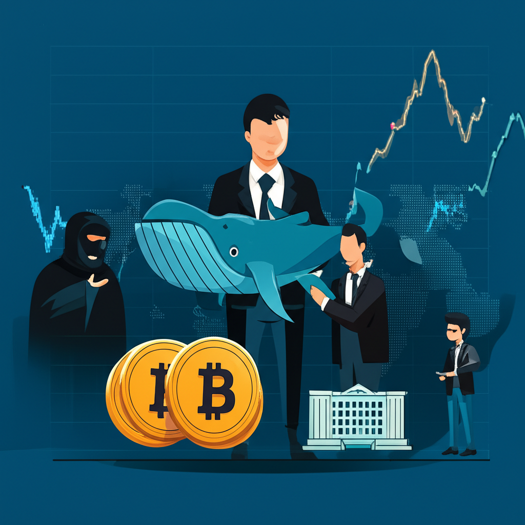 illustration of a digital currency chart with various figures representing different types of bitcoin holders like a mysterious founder a large whale a corporate investor and an exchange influencing market dynamics