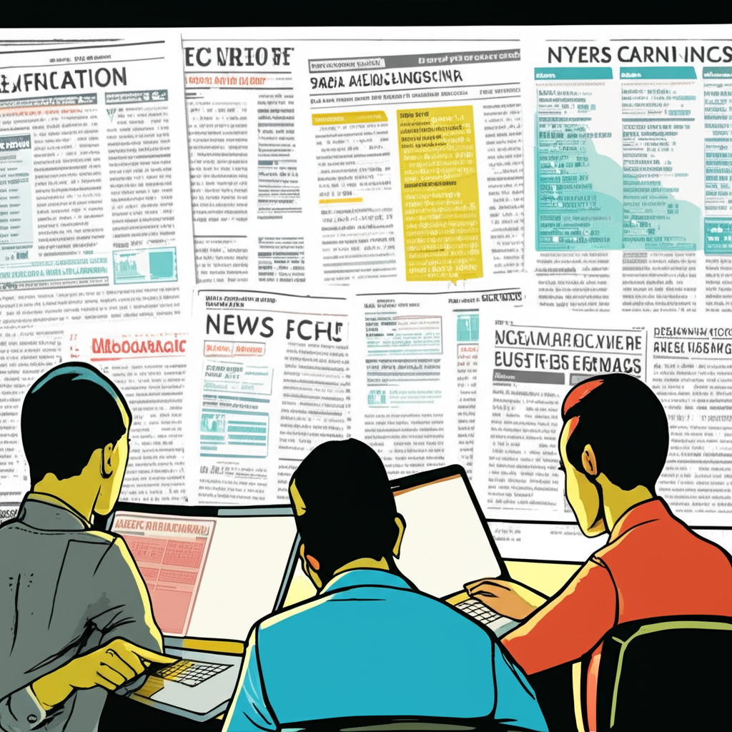 新聞快訊畫面顯示公司財報、經濟數據與併購消息，投資者透過筆電與平板迅速調整投資組合以避免市場跳空