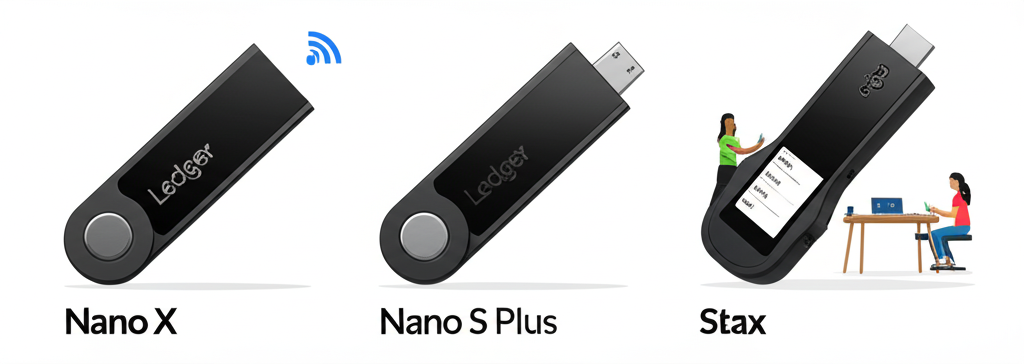 Ledger Nano X、Nano S Plus 和 Stax 三款裝置,強調藍牙、USB-C 和 E Ink 觸控等特色