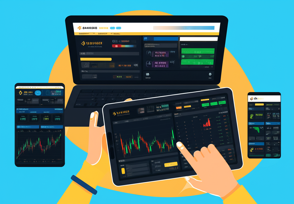 使用者在多個裝置上操作幣安、CoinMarketCap 和 OKX 等平台，顯示比特幣對台幣的即時匯率、市場資料和交易介面