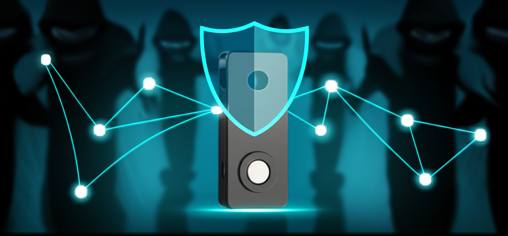 Ledger 冷錢包裝置以盾牌圖示守護加密資產,阻擋駭客與網路威脅