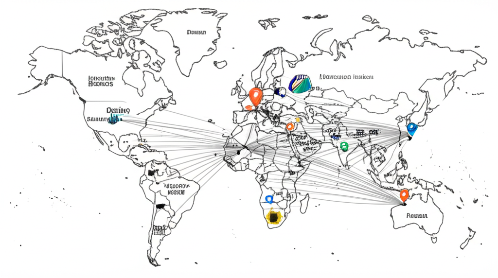 全球地圖上連線指向各國,代表Interactive Brokers的全球營運與股票、期權等多元金融產品