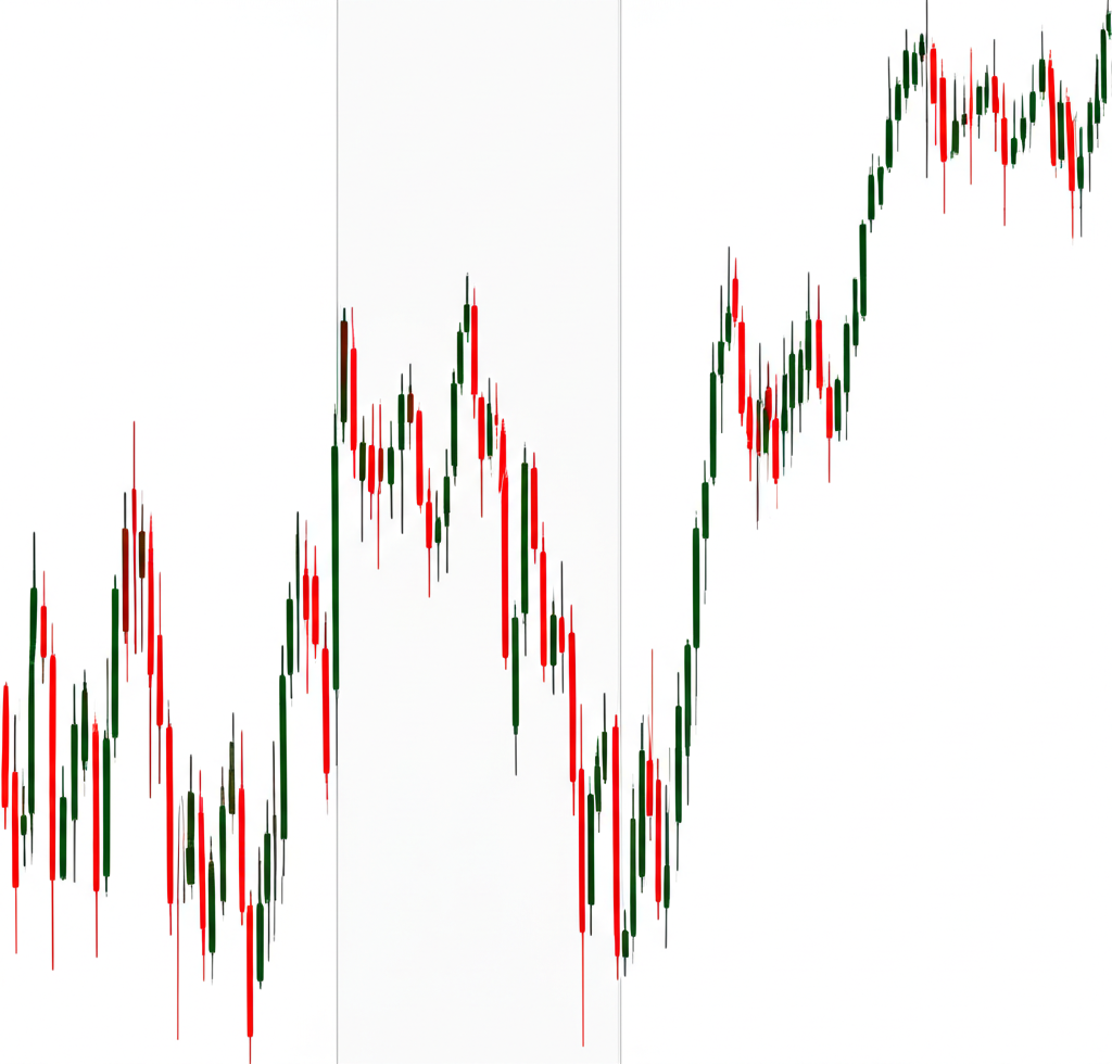 An illustration of a stock market K-line chart showing a blank area representing a price gap between two candlesticks with no trading activity in between a clear price discontinuity financial market anomaly signal