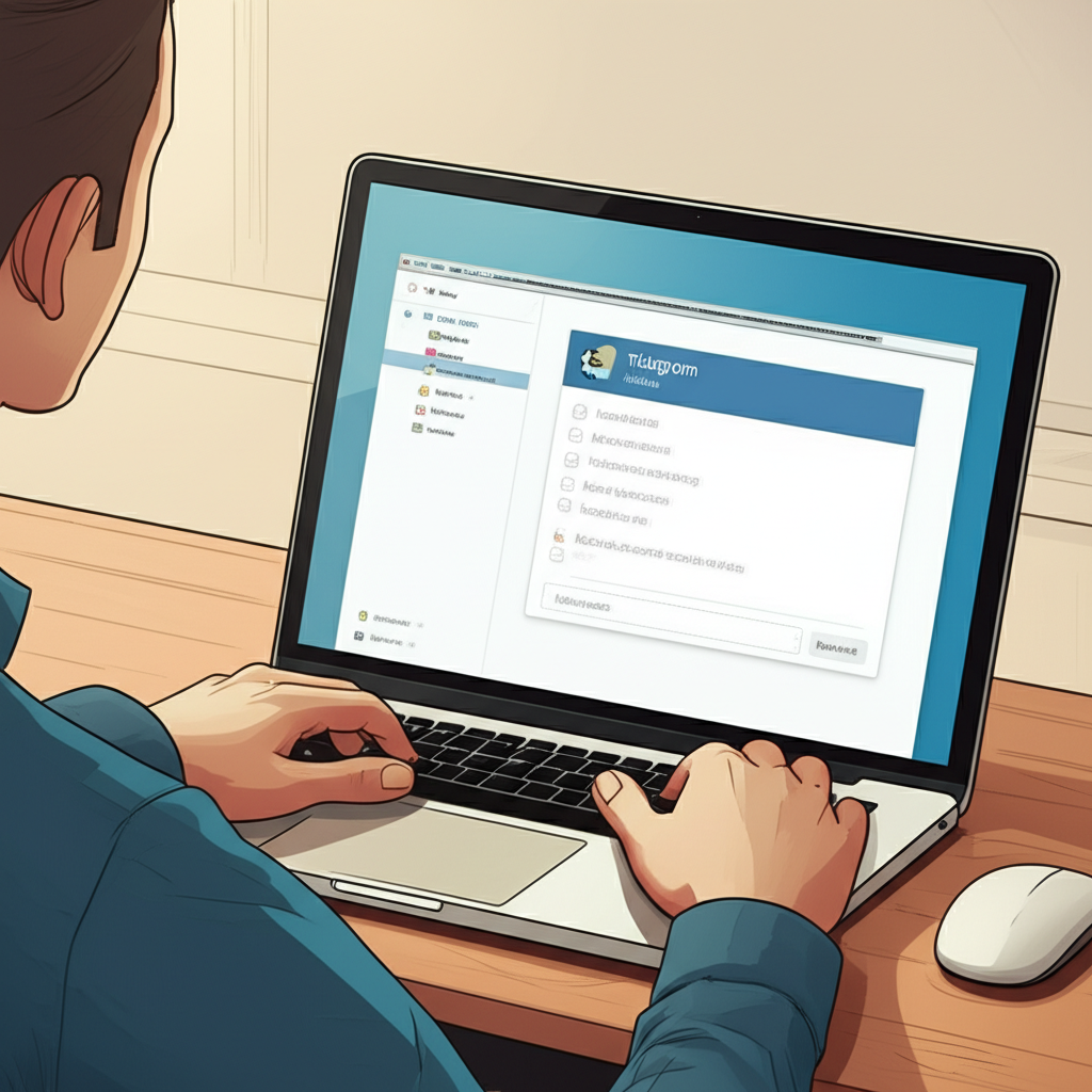 使用者坐在桌前操作筆電,顯示 Telegram 桌面版語言選單下拉清單選擇繁體中文的插圖